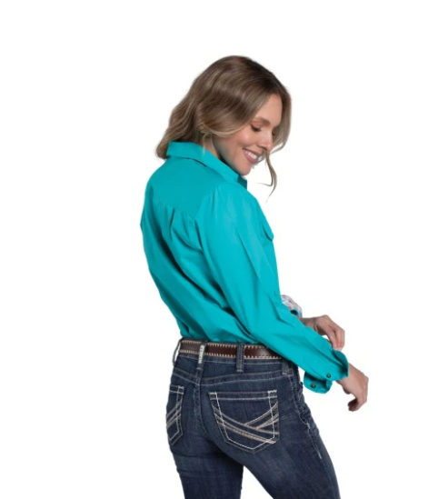 Just Country Women's Jahna Trim Half Button Workshirt Turquoise/White Confetti