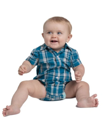IWSS2627 Just Country Infant's Frankie Short Sleeve Full Button Plaid Jumpsuit Plaid Blue
