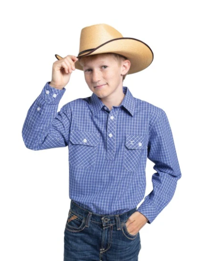 Just Country Boy's Brayden Half Button Mini Check Workshirt Blue & White Mini Check