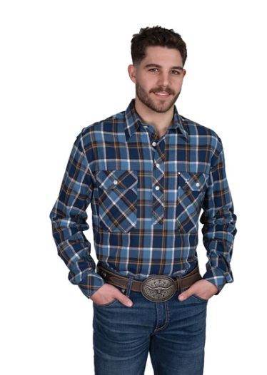 10101267 Just Country Men's Cameron Flannel 1/2 Button Flannel Workshirt Blue/Navy Tan