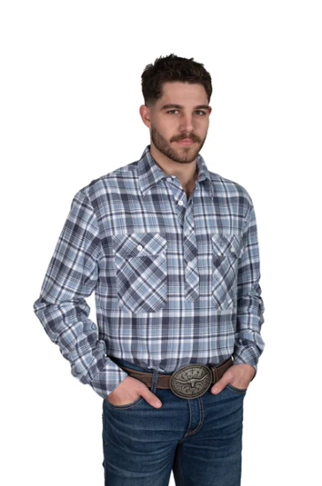 101012633 Just Country Men's Cameron Flannel 1/2 Button Flannel Workshirt Grey/Navy/White
