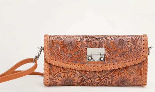 LW-SS25-046-CB Loyal West Elena Mini Bag Brown Hand Tooled Leather