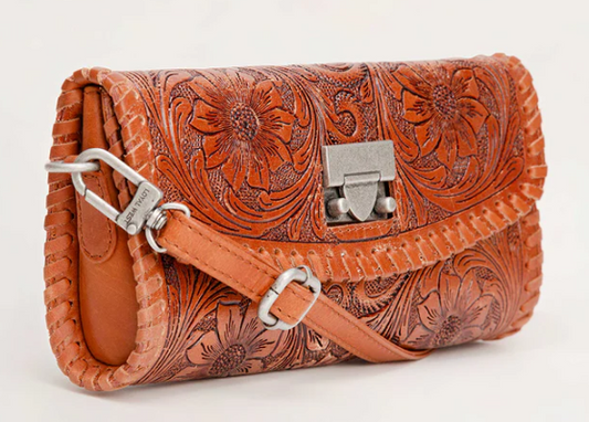 LW-SS25-046-CB Loyal West Elena Mini Bag Brown Hand Tooled Leather