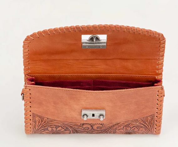 LW-SS25-046-CB Loyal West Elena Mini Bag Brown Hand Tooled Leather