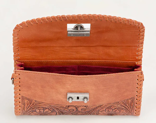 LW-SS25-046-CB Loyal West Elena Mini Bag Brown Hand Tooled Leather