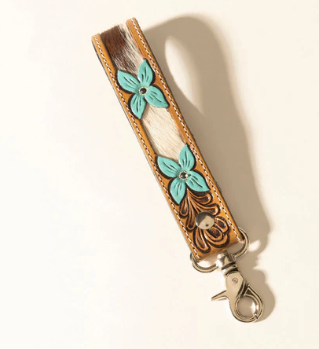 S-14020 Painted Prairie Hand Tooled Leather Key Fob Desert Lace