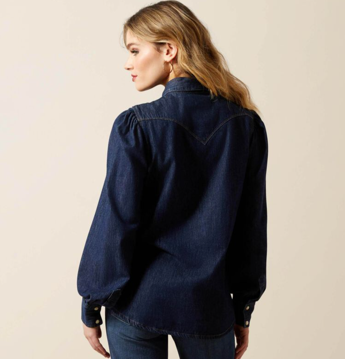 10070406 Ariat Womens Puff Sleeve Denim LS Shirt Storm Dark