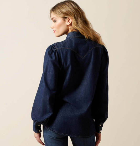 10070406 Ariat Womens Puff Sleeve Denim LS Shirt Storm Dark