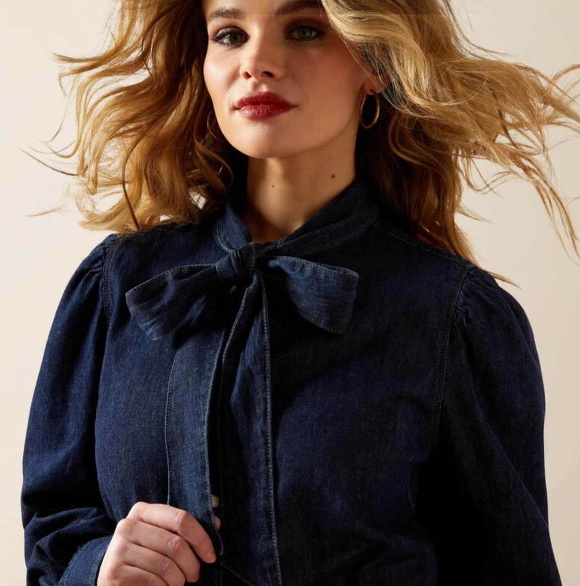 10070406 Ariat Womens Puff Sleeve Denim LS Shirt Storm Dark