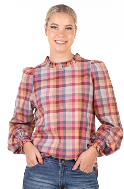 LC36-2005 Hitchley & Harrow Women's Dusty Pink, Tan, Burgundy & Blue Check Blouse