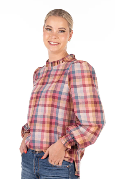 LC36-2005 Hitchley & Harrow Women's Dusty Pink, Tan, Burgundy & Blue Check Blouse