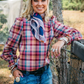 LC36-2005 Hitchley & Harrow Women's Dusty Pink, Tan, Burgundy & Blue Check Blouse