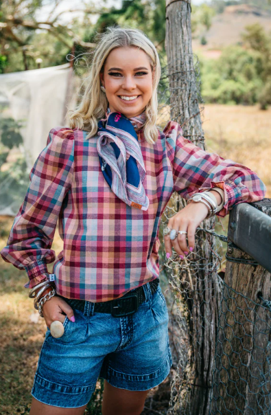 LC36-2005 Hitchley & Harrow Women's Dusty Pink, Tan, Burgundy & Blue Check Blouse
