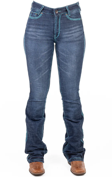 SR2237 Hitchley & Harrow Women's Ultra High Rise Nevada Jeans Turquoise Stitch 35" Leg