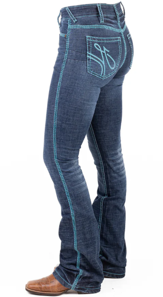 SR2237 Hitchley & Harrow Women's Ultra High Rise Nevada Jeans Turquoise Stitch 35" Leg