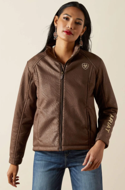 10062795 Ariat Women's Logo Softshell Faux Leather Jacket Brown Faux Leather