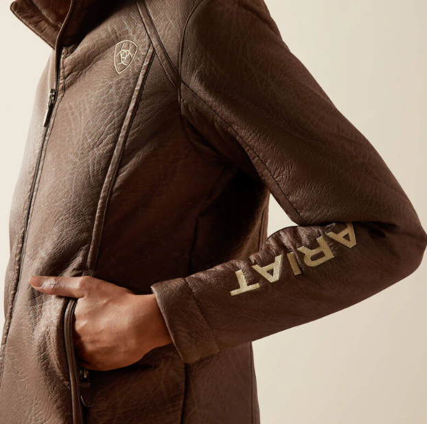 10062795 Ariat Women's Logo Softshell Faux Leather Jacket Brown Faux Leather