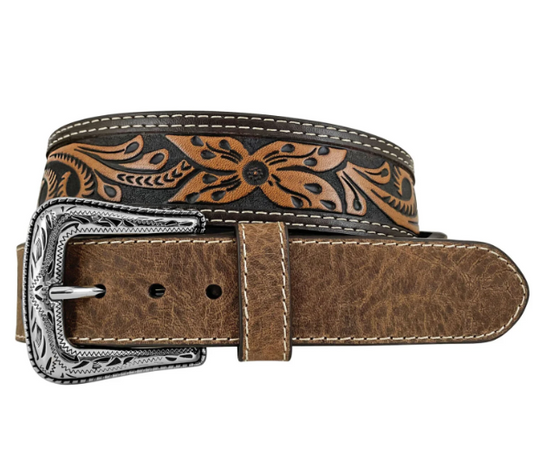 8692500 Roper Men's Tan Leather Tapered Floral Belt