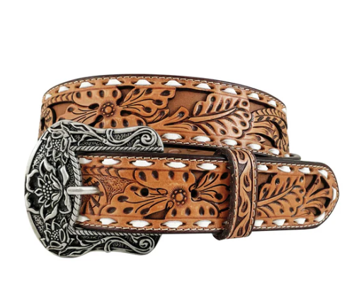8873790 Roper Women's Leather Floral Hand Tooling & Cutouts Belt Tan