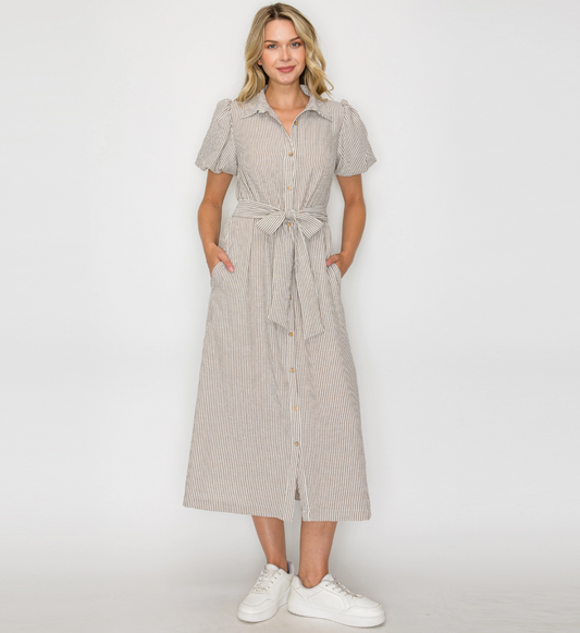 LWD2917_BRO Tortilla Stripe Gingham Dress