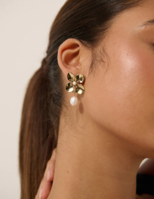 LS2021250-GLD Floral Pearl 18k Gold Plated Earrings