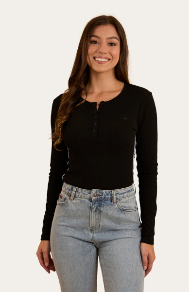 224030RW Ringer's Western Women's Laila Long Sleeve Rib Top Black