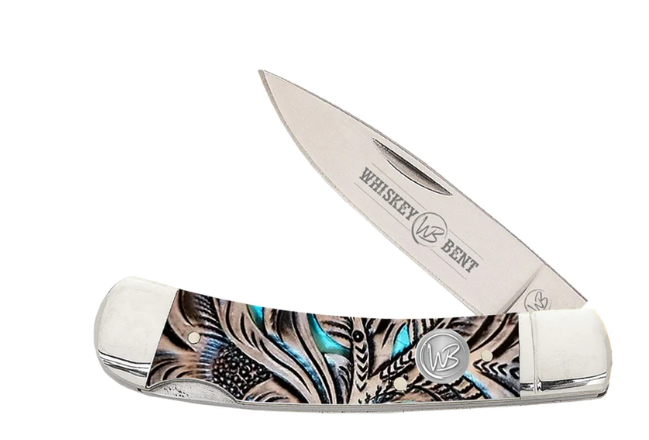 KWB13-05 Whiskey Bent Trapper Pocket Knife Single Locking Blade - Floral Turquoise