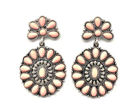 SE1625SBPNK Western Turquoise Concho Dangle Earrings