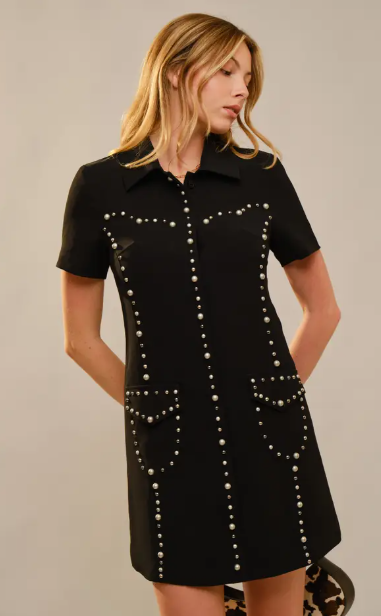 37796D USA Studded Collared Short Sleeve Mini Dress Black