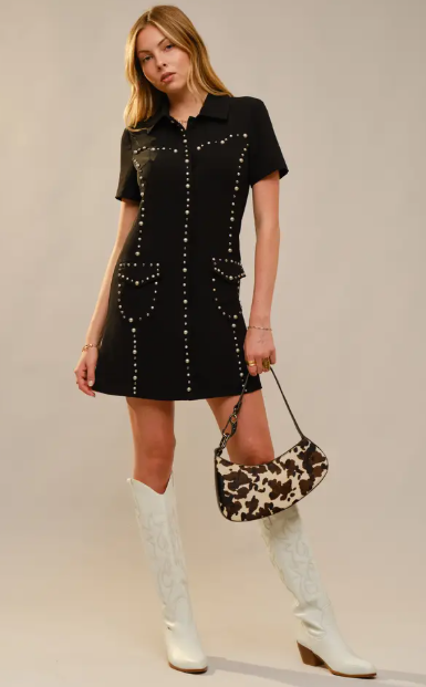 37796D USA Studded Collared Short Sleeve Mini Dress Black