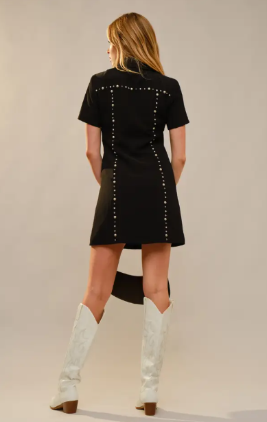 37796D USA Studded Collared Short Sleeve Mini Dress Black