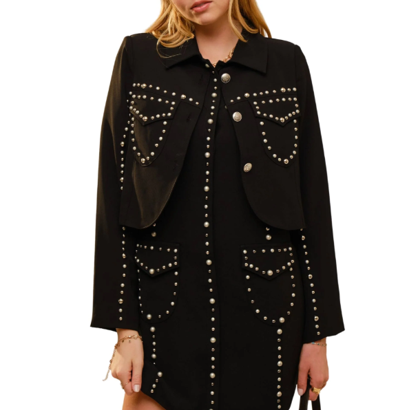 37795J USA Studded Round Neck Long Sleeve Detailed Jacket Black