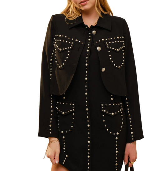 37795J USA Studded Round Neck Long Sleeve Detailed Jacket Black