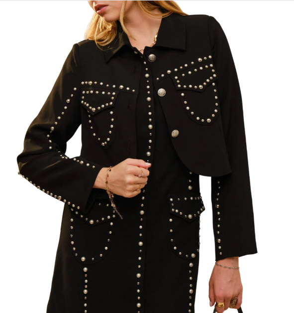 37795J USA Studded Round Neck Long Sleeve Detailed Jacket Black