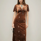 99598D USA Velvet Embroidered Midi Dress Brown