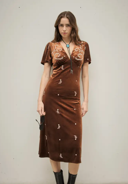 99598D USA Velvet Embroidered Midi Dress Brown