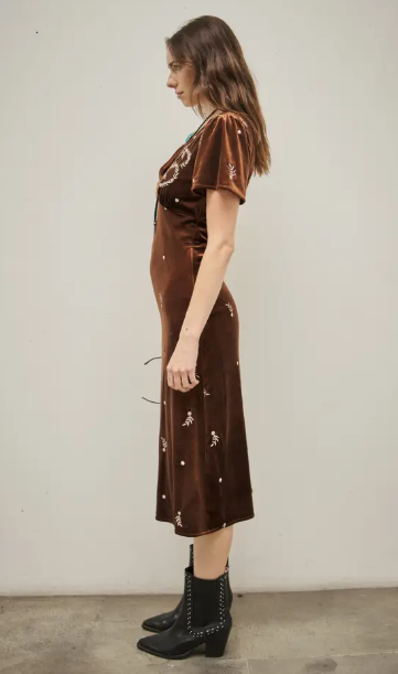 99598D USA Velvet Embroidered Midi Dress Brown