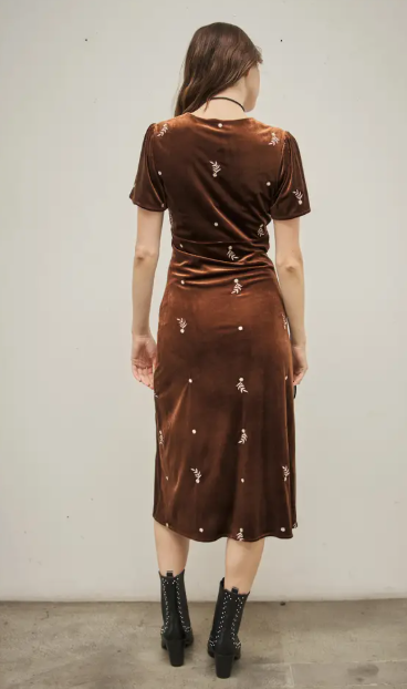 99598D USA Velvet Embroidered Midi Dress Brown
