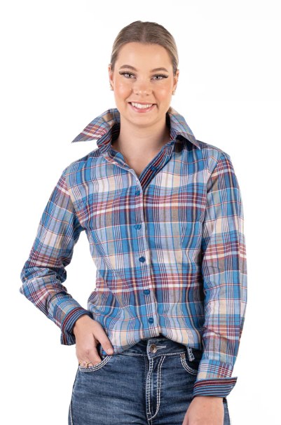 RR01-2014 Hitchley & Harrow Women's LS Shirt Plaid Blue, Burgundy, Beige & White