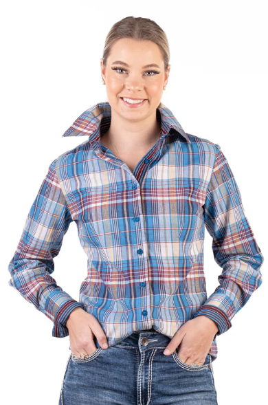 RR01-2014 Hitchley & Harrow Women's LS Shirt Plaid Blue, Burgundy, Beige & White