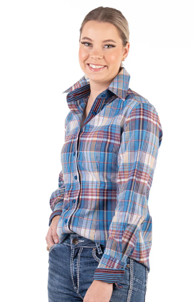 RR01-2014 Hitchley & Harrow Women's LS Shirt Plaid Blue, Burgundy, Beige & White