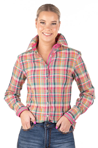 RR01-2009 Hitchley & Harrow Women's Fitted LS Pink. Green & Navy Check Shirt
