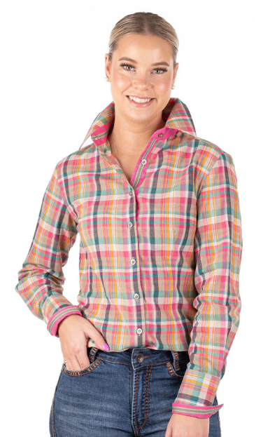 RR01-2009 Hitchley & Harrow Women's Fitted LS Pink. Green & Navy Check Shirt