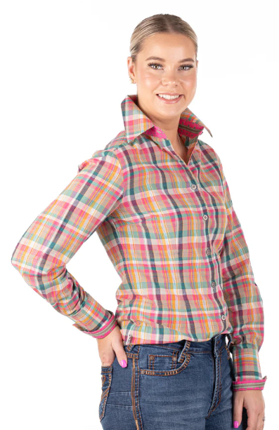RR01-2009 Hitchley & Harrow Women's Fitted LS Pink. Green & Navy Check Shirt