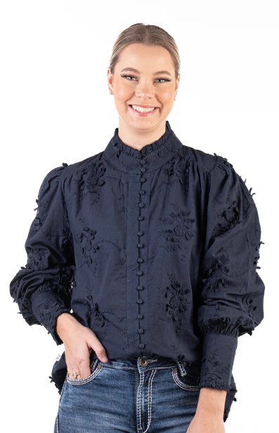 LC504-2000 Hitchley & Harrow Women's LC Collection Navy Embroidered Floral Shirt