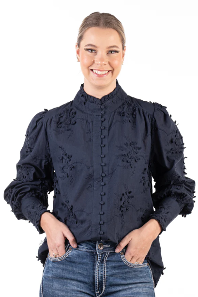 LC504-2000 Hitchley & Harrow Women's LC Collection Navy Embroidered Floral Shirt