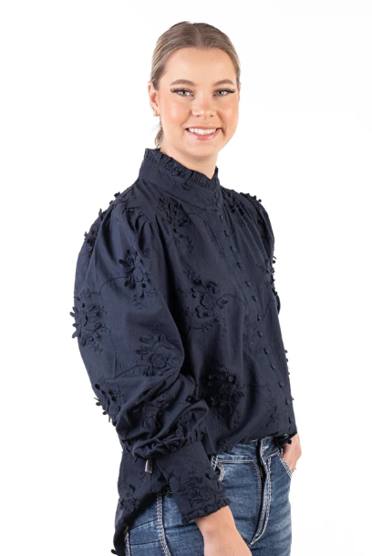 LC504-2000 Hitchley & Harrow Women's LC Collection Navy Embroidered Floral Shirt