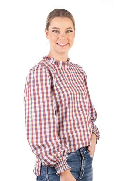 LC36-2008 Hitchley & Harrow Women's LC Collection Blue, Rust & White Gingham Shirt