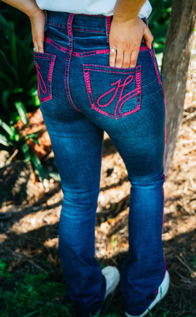 SR2241 Hitchley & Harrow Women's Ultra High Rise Hot Pink Stitch Jeans 35" Leg