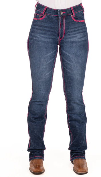 SR2241 Hitchley & Harrow Women's Ultra High Rise Hot Pink Stitch Jeans 35" Leg